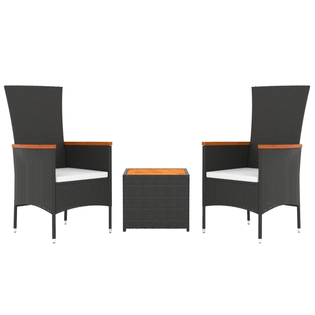 3 pcs conjunto lounge para jardim vime PE/acácia maciça preto