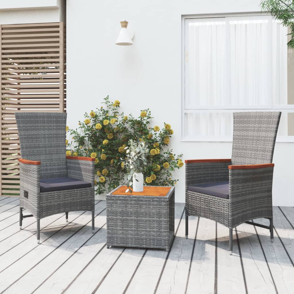 3 pcs conjunto lounge de jardim vime PE/acácia maciça cinza