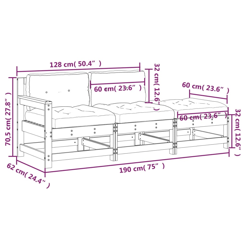 3pcs conj. lounge jardim+almofadões madeira maciça castanho-mel