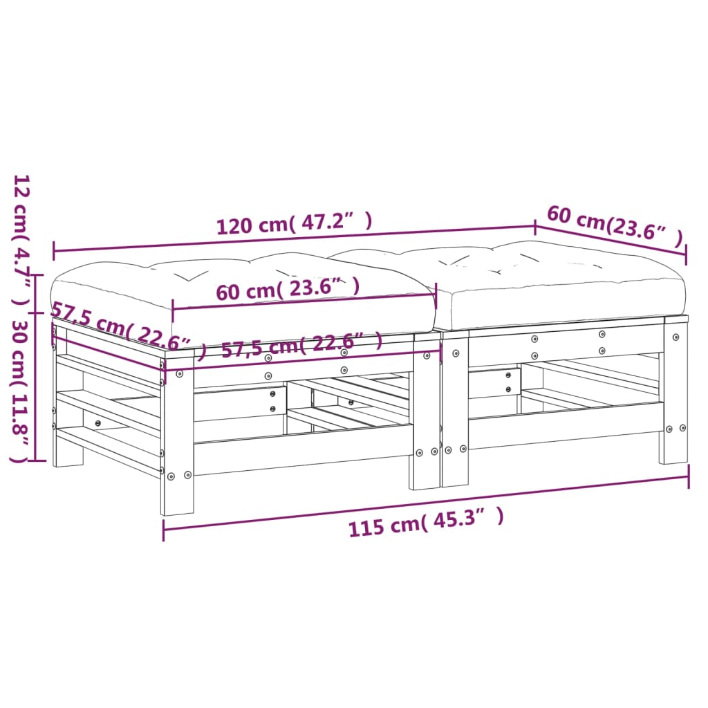 Apoios de pés p/ jardim c/ almofadões 2 pcs pinho maciço