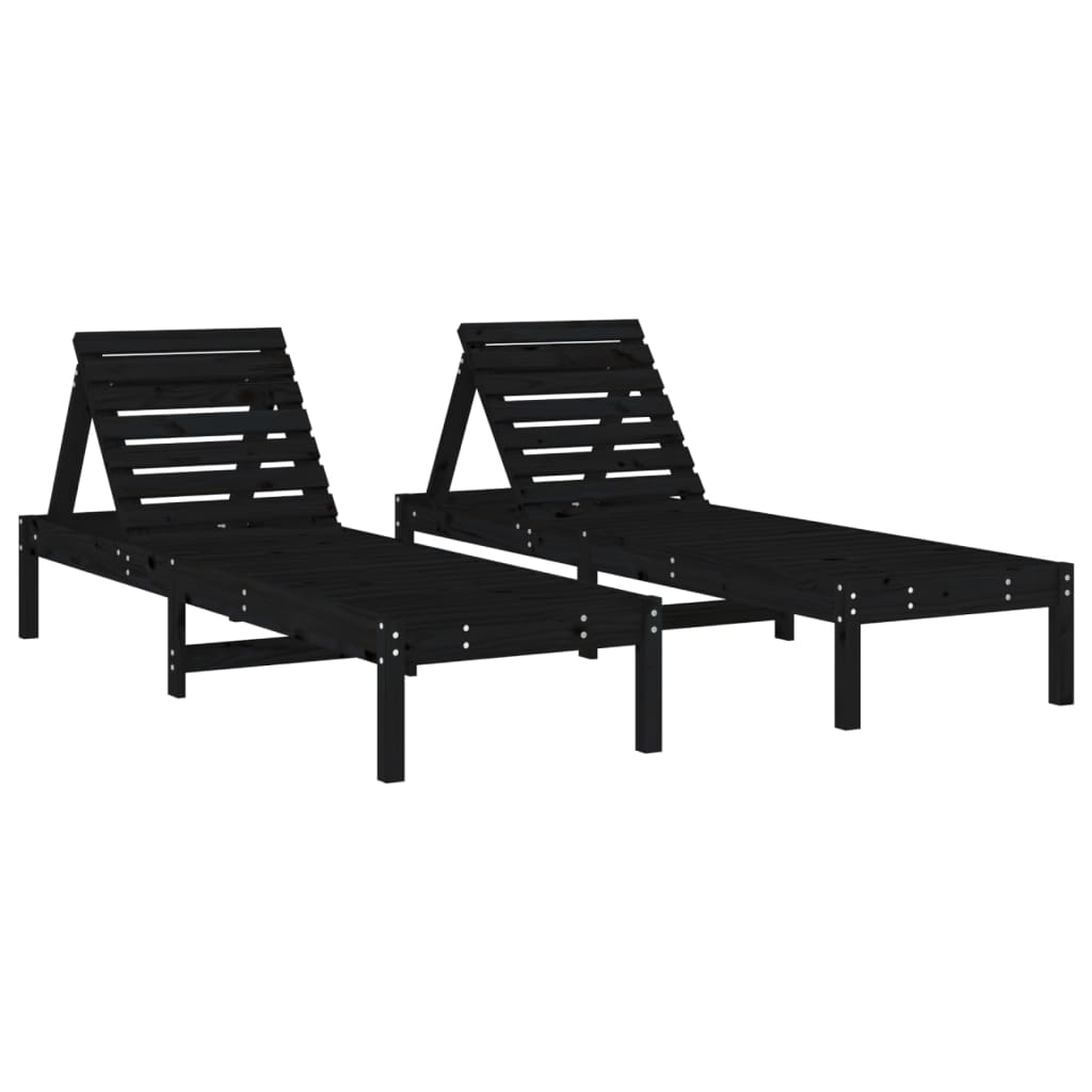 Espreguiçadeiras 2 pcs com mesa preto madeira de pinho maciça