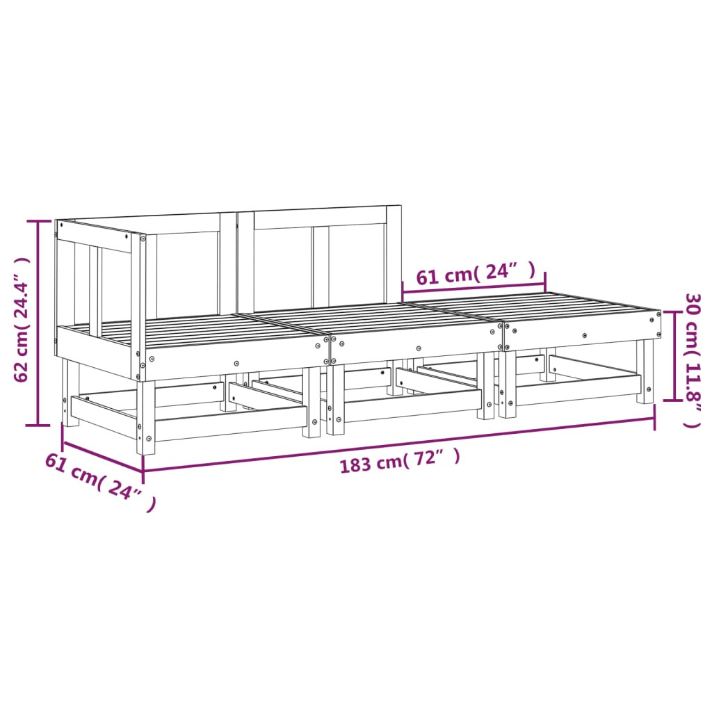 3 pcs conjunto lounge de jardim madeira de pinho maciça branco