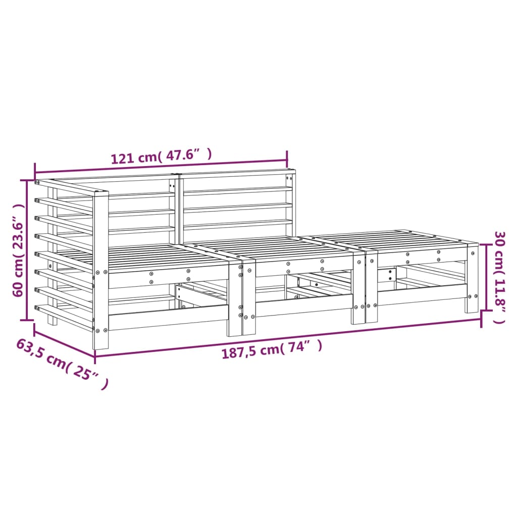 3 pcs conjunto lounge de jardim madeira de pinho maciça