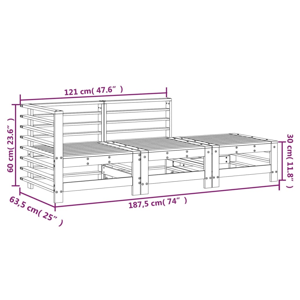 3 pcs conjunto lounge de jardim madeira de pinho maciça cinza