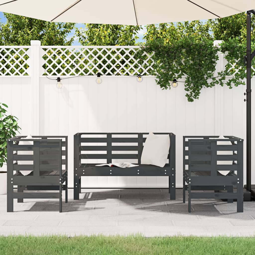 3 pcs conjunto lounge de jardim madeira de pinho maciça cinza