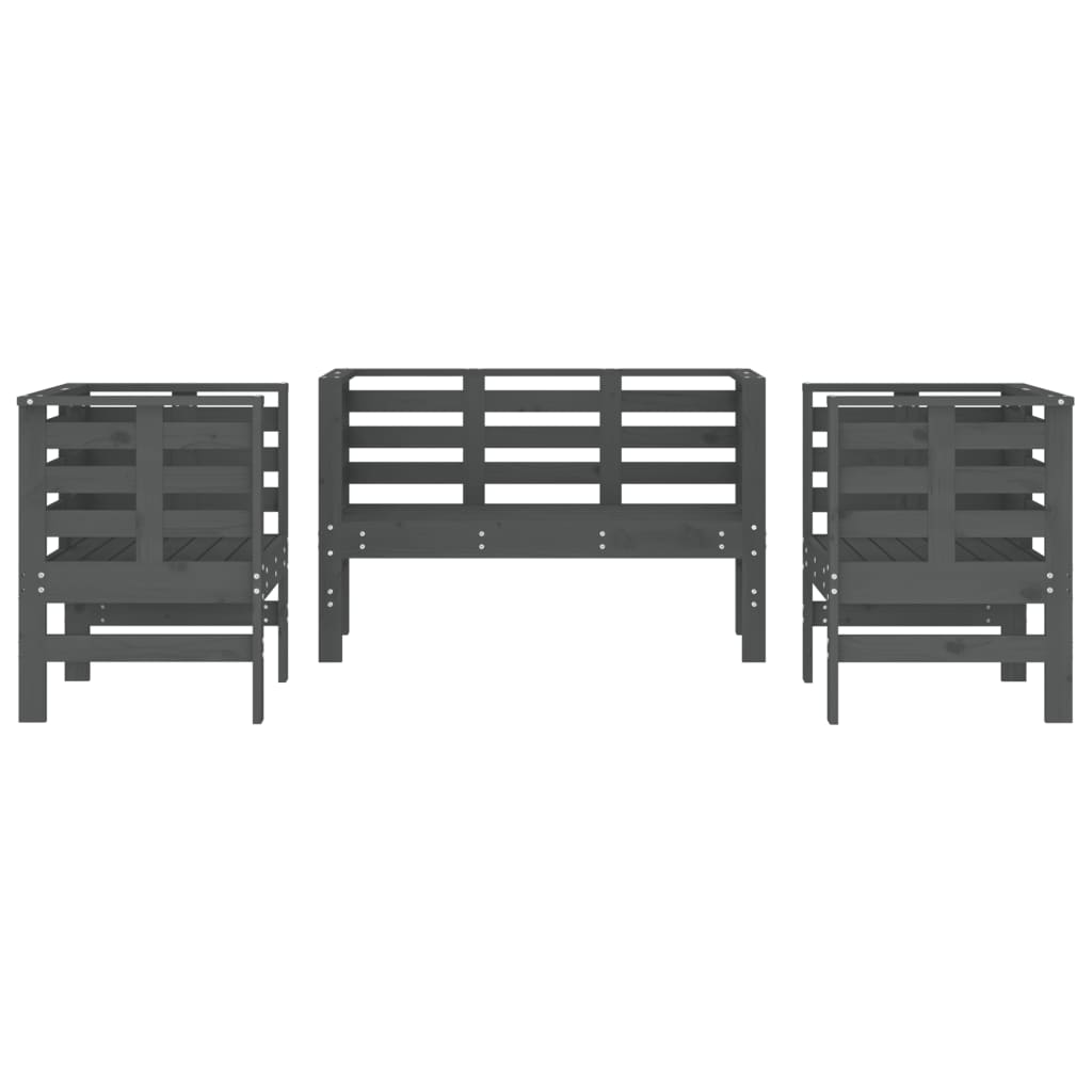 3 pcs conjunto lounge de jardim madeira de pinho maciça cinza