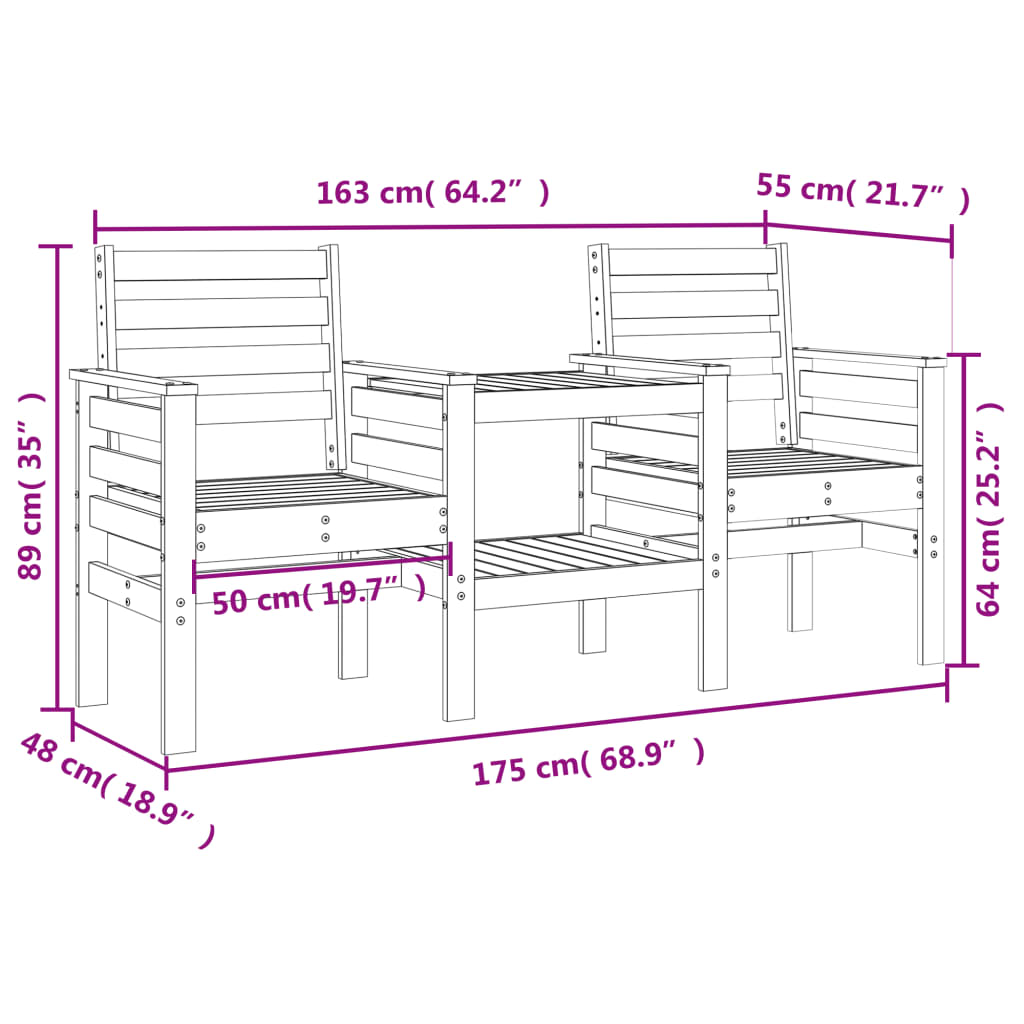 Banco de jardim 2 lugares com mesa pinho maciço cinzento