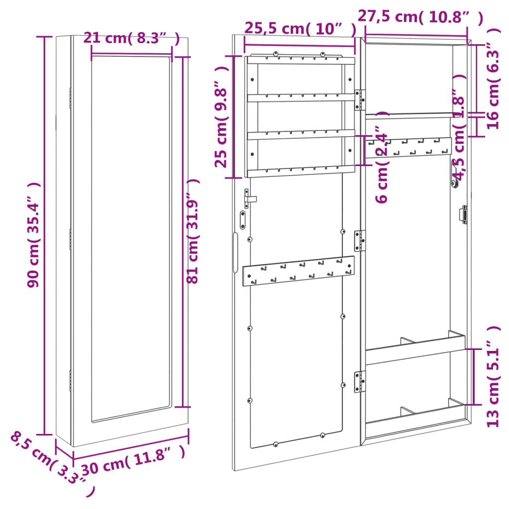 Móvel para joias de parede espelhado 30x8,5x90 cm preto