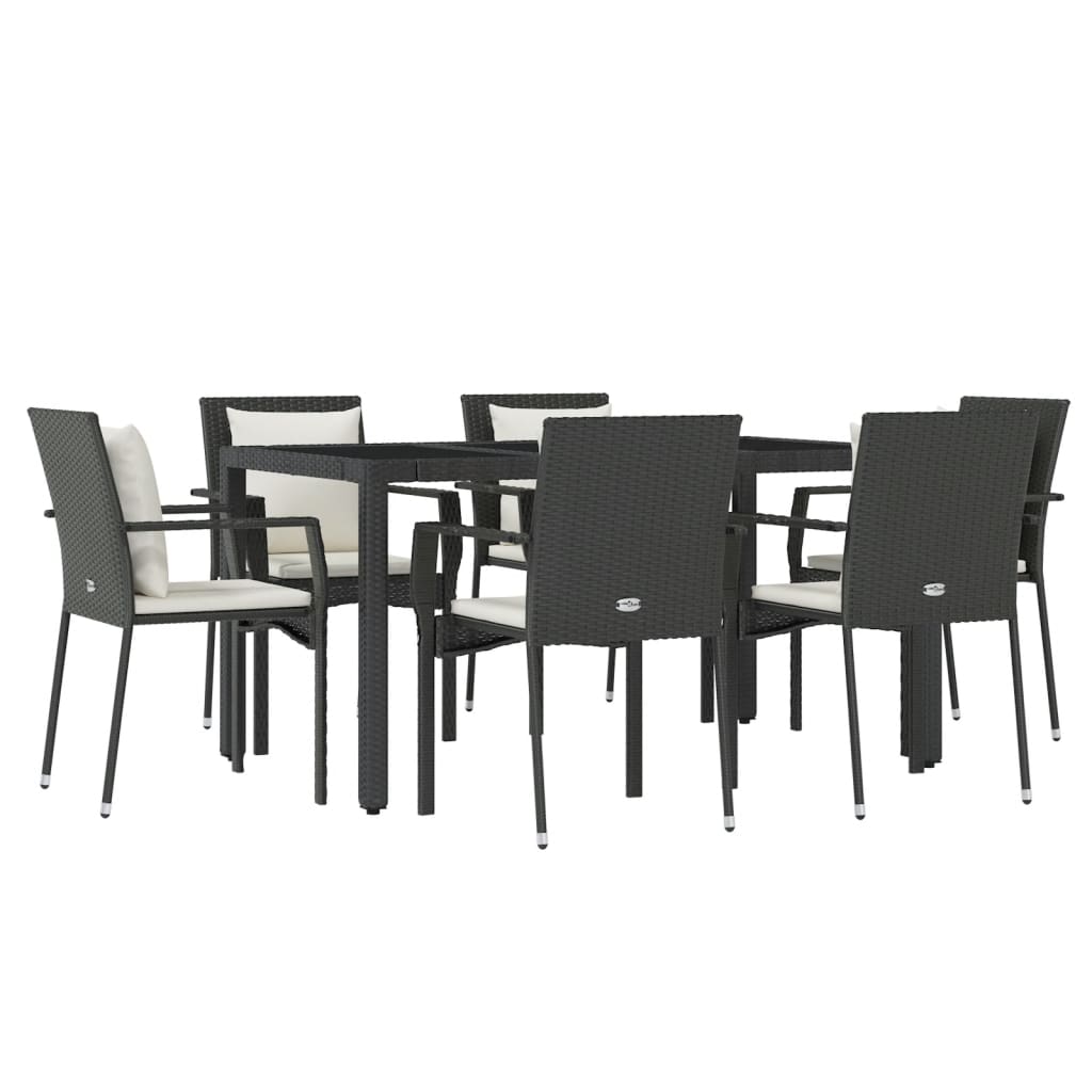 7 pcs conjunto de jantar p/ jardim c/ almofadões vime PE preto