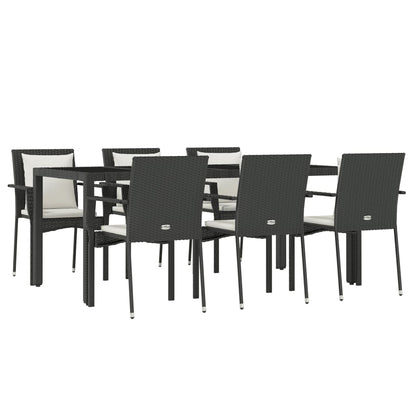 7 pcs conjunto de jantar p/ jardim c/ almofadões vime PE preto