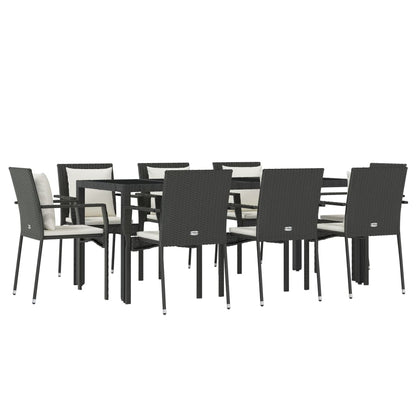 9 pcs conjunto de jantar p/ jardim c/ almofadões vime PE preto