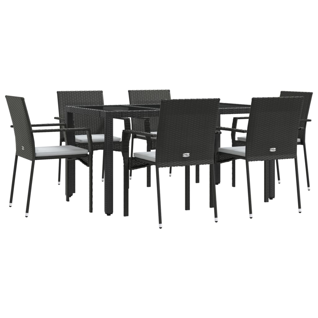 7 pcs conjunto de jantar p/ jardim c/ almofadões vime PE preto