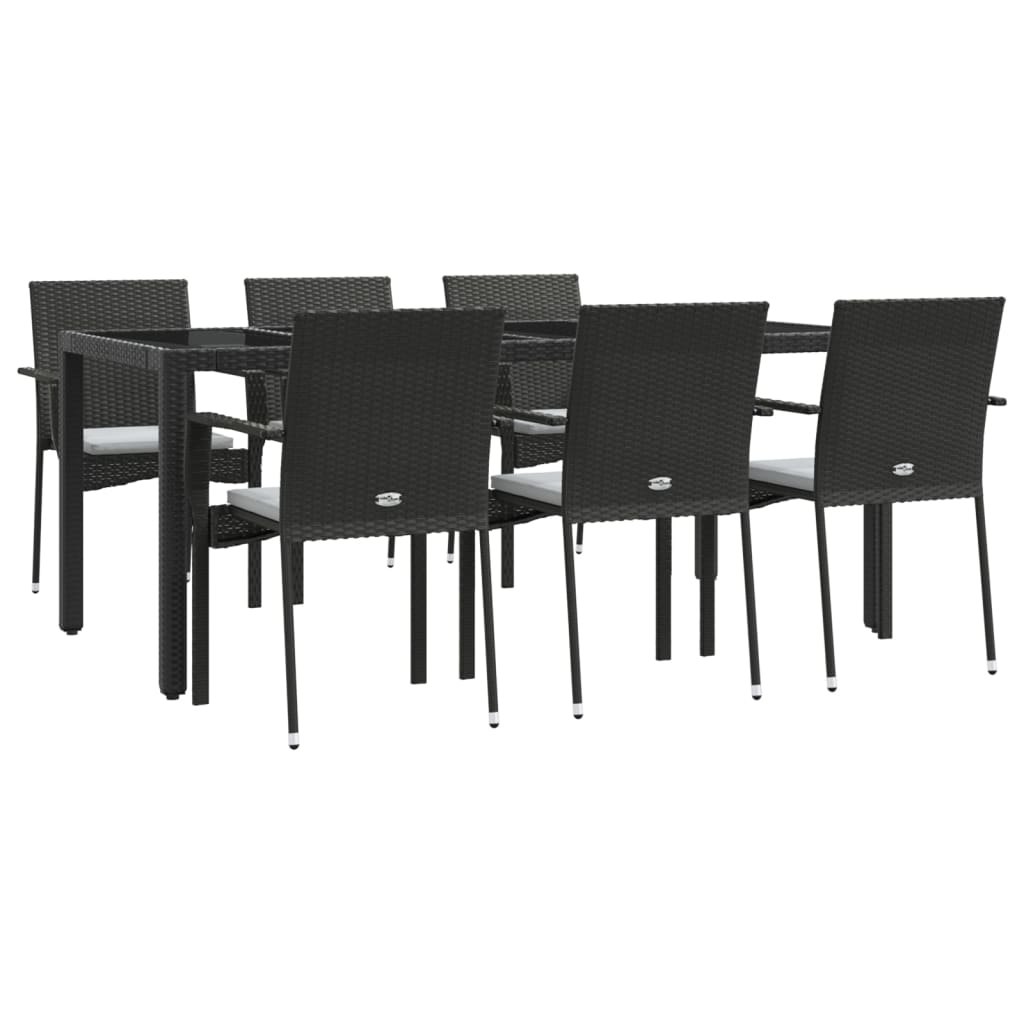 7 pcs conjunto de jantar p/ jardim c/ almofadões vime PE preto