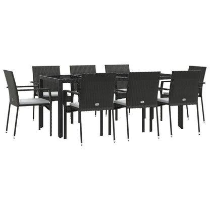 9 pcs conjunto de jantar p/ jardim c/ almofadões vime PE preto