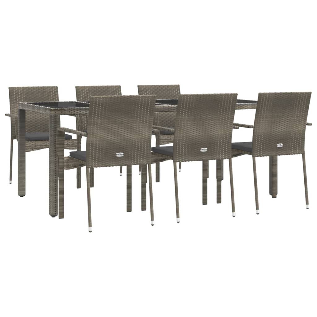 7 pcs conjunto de jantar p/ jardim c/ almofadões vime PE cinza