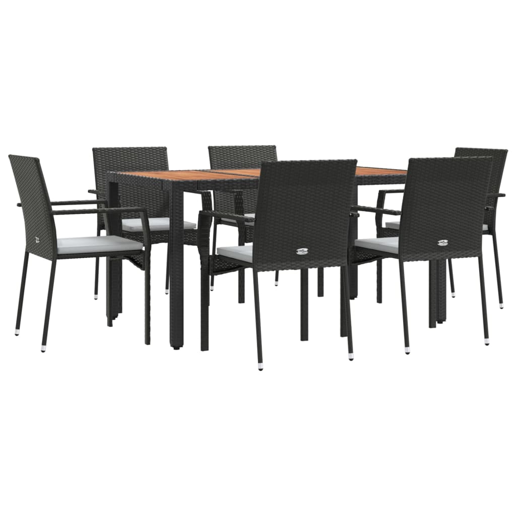 7 pcs conjunto de jantar p/ jardim c/ almofadões vime PE preto