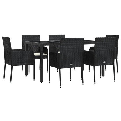 7 pcs conjunto de jantar p/ jardim c/ almofadões vime PE preto