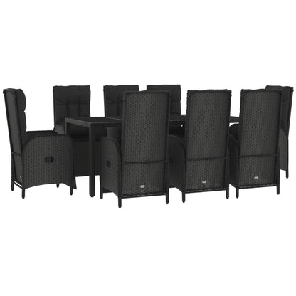 9 pcs conjunto de jantar p/ jardim c/ almofadões vime PE preto