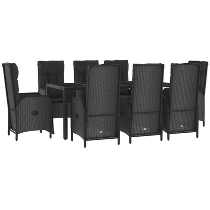 9 pcs conjunto de jantar p/ jardim c/ almofadões vime PE preto