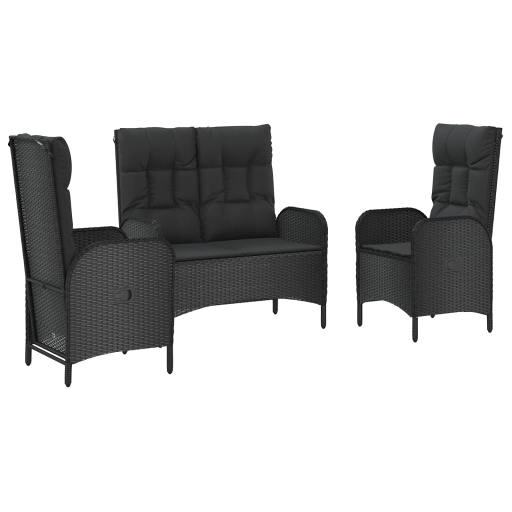 3 pcs conjunto de jantar p/ jardim c/ almofadões vime PE preto