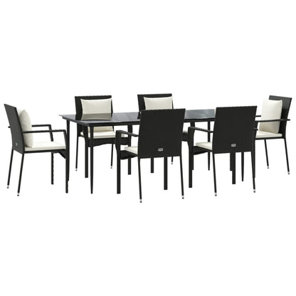 7 pcs conjunto de jantar p/ jardim c/ almofadões vime PE preto