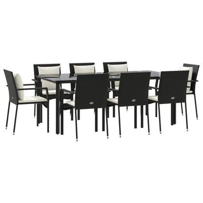 9 pcs conjunto de jantar p/ jardim c/ almofadões vime PE preto