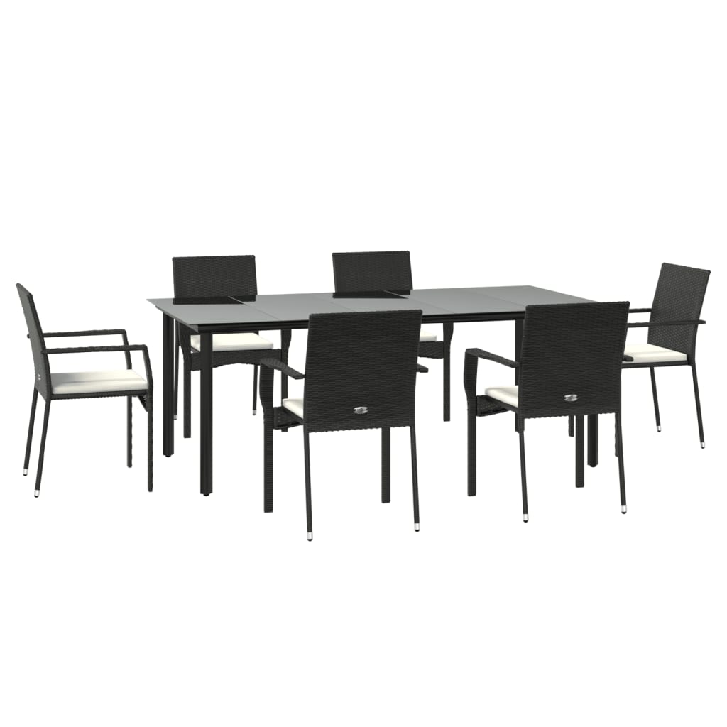 7 pcs conjunto de jantar p/ jardim c/ almofadões vime PE preto