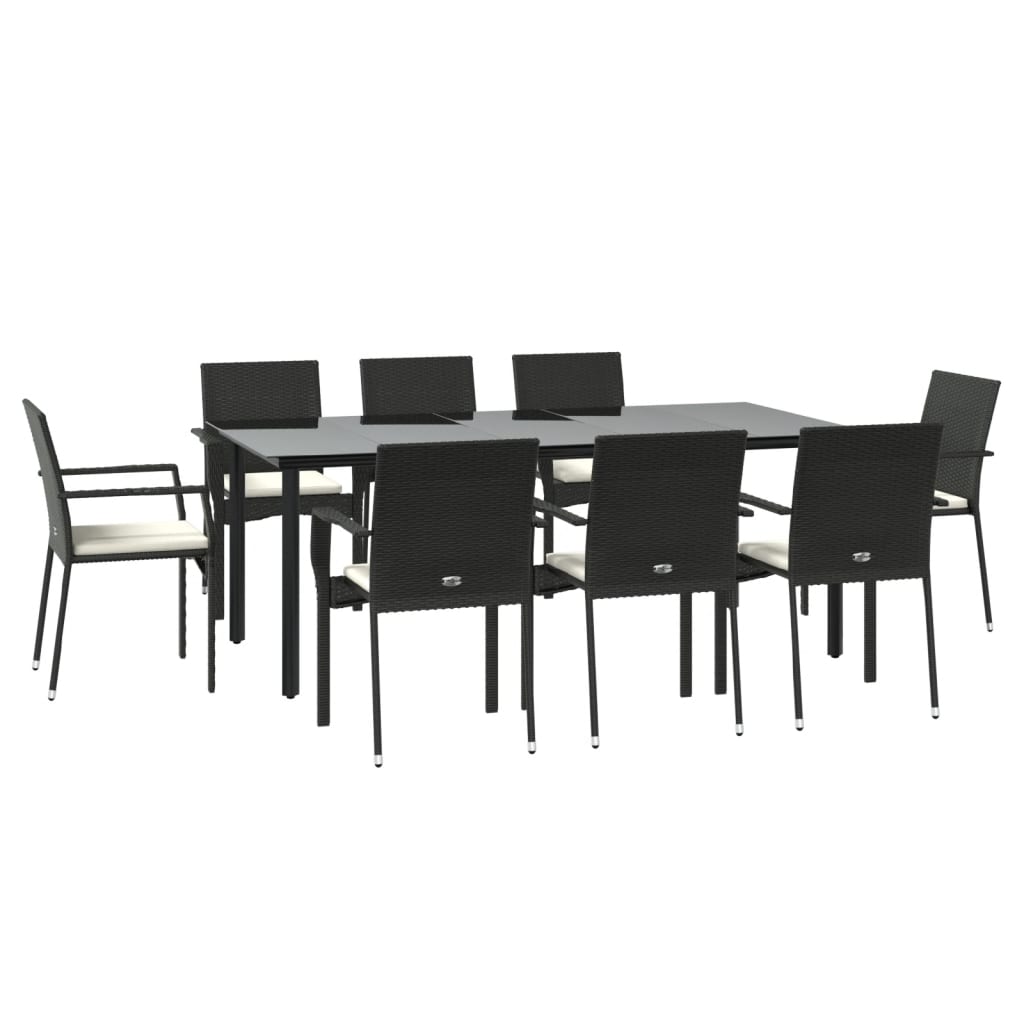 9 pcs conjunto de jantar p/ jardim c/ almofadões vime PE preto