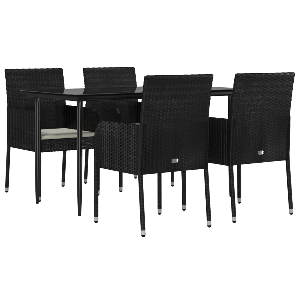 5 pcs conjunto de jantar p/ jardim c/ almofadões vime PE preto