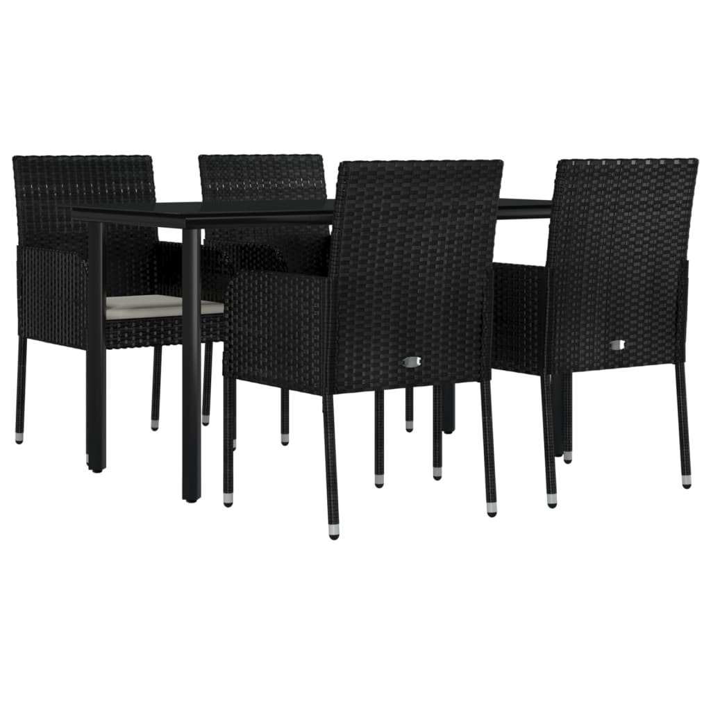 5 pcs conjunto de jantar p/ jardim c/ almofadões vime PE preto