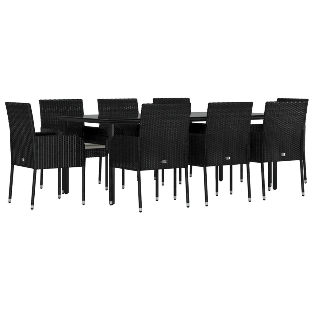 9 pcs conjunto de jantar p/ jardim c/ almofadões vime PE preto