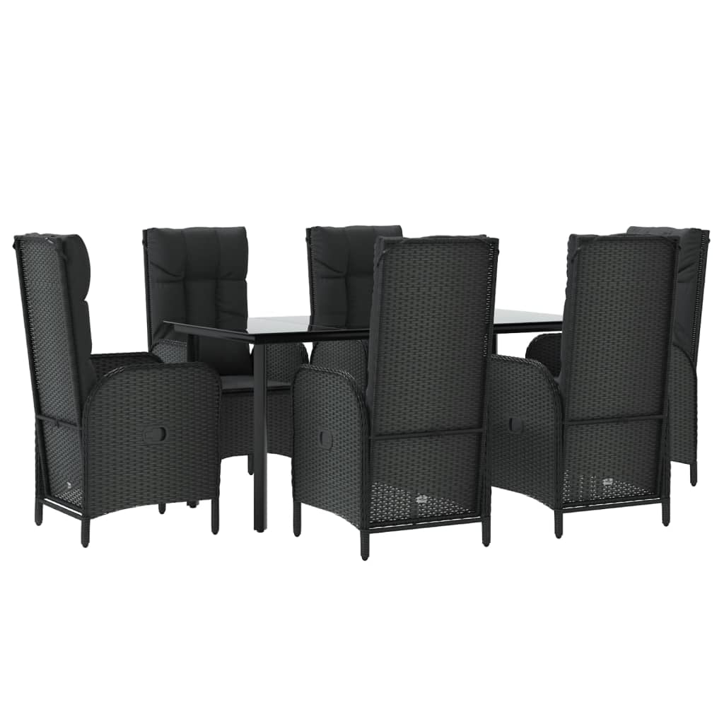 7 pcs conjunto de jantar p/ jardim c/ almofadões vime PE preto