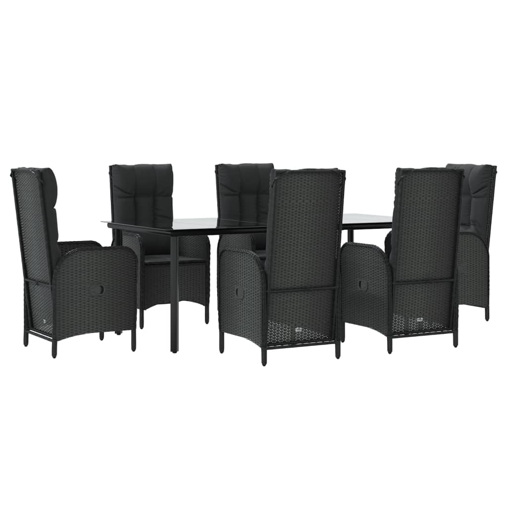 7 pcs conjunto de jantar p/ jardim c/ almofadões vime PE preto