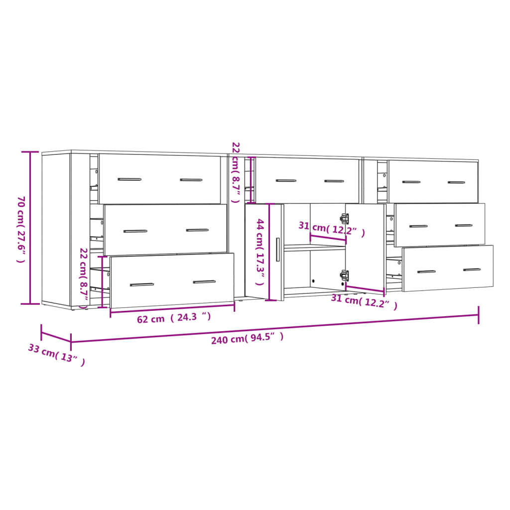 Aparadores 3 pcs madeira processada branco