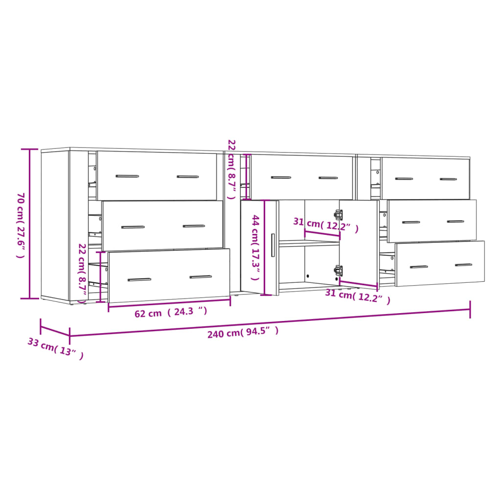 Aparadores 3 pcs derivados de madeira preto