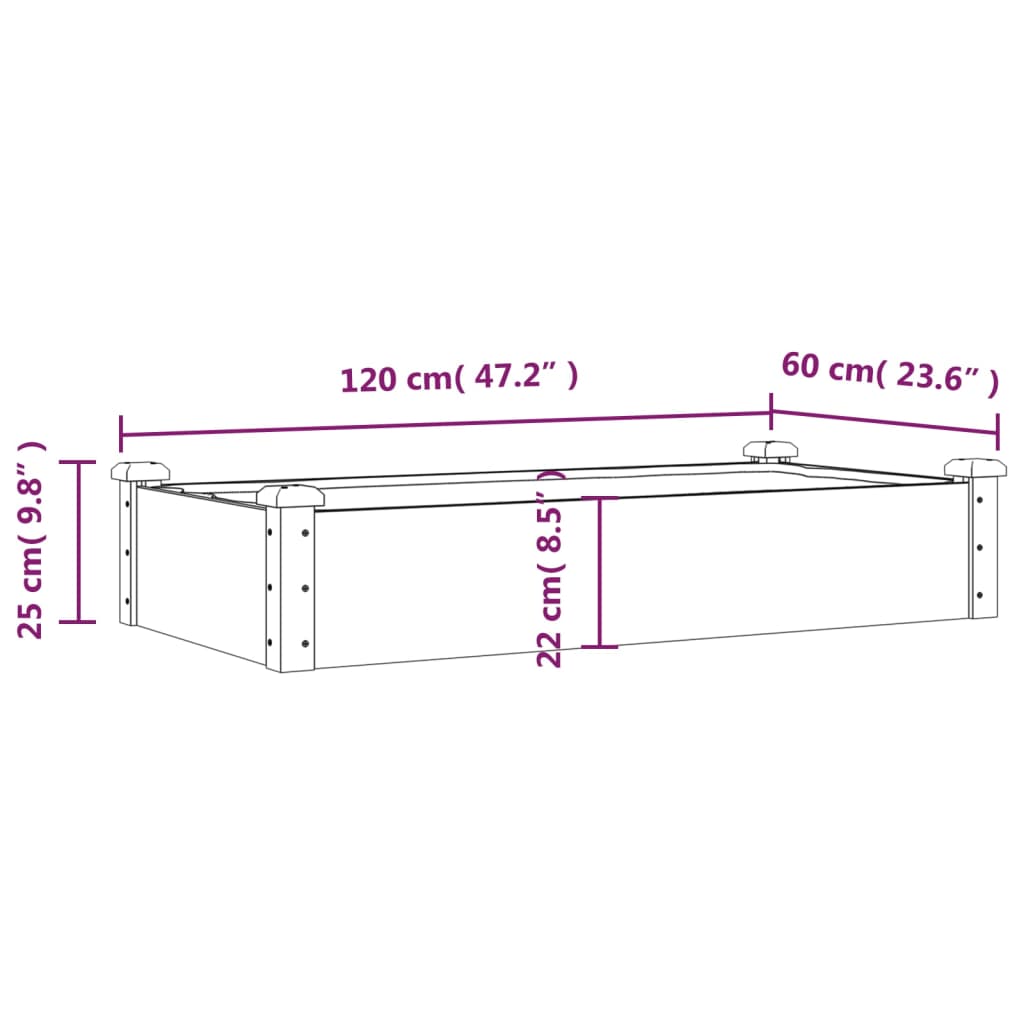 Canteiro elevado c/ forro 120x60x25 cm madeira de abeto maciça