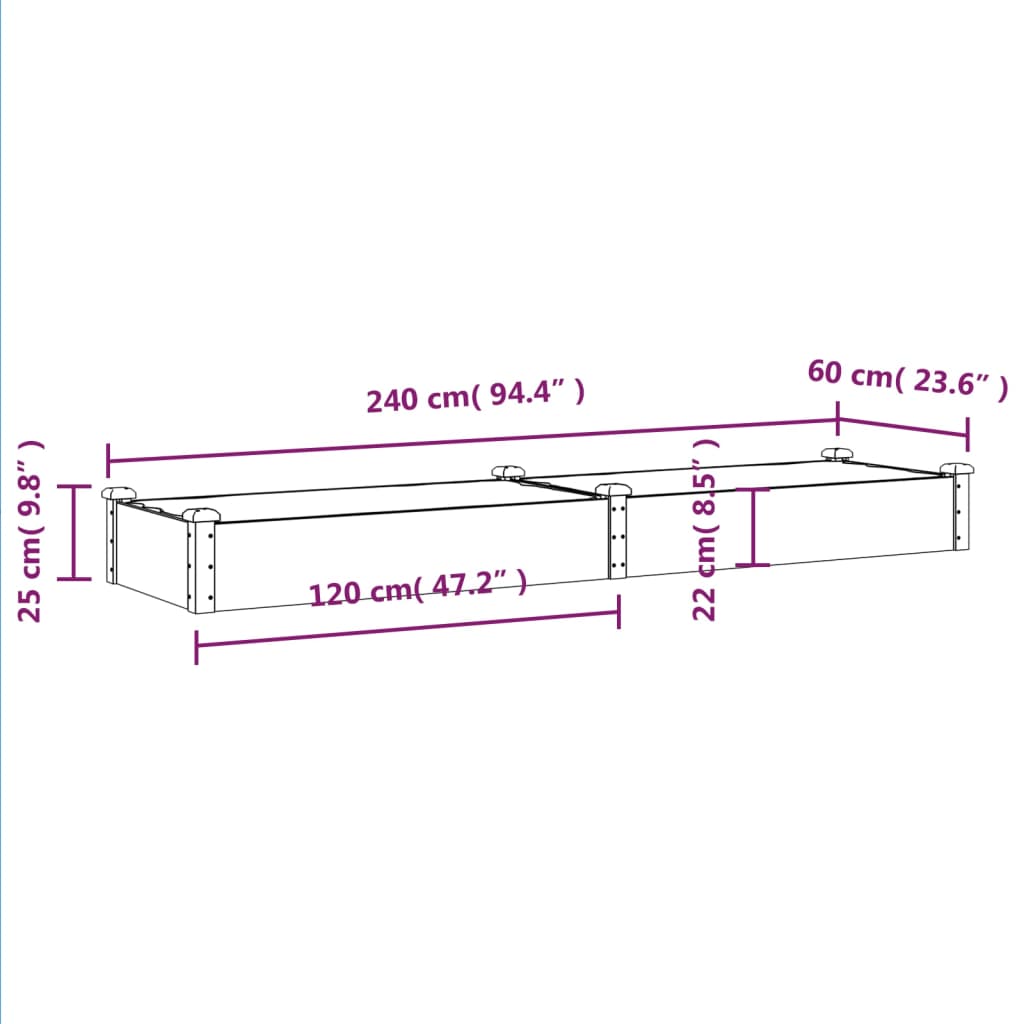 Canteiro elevado c/ forro 240x60x25 cm abeto maciço cinzento