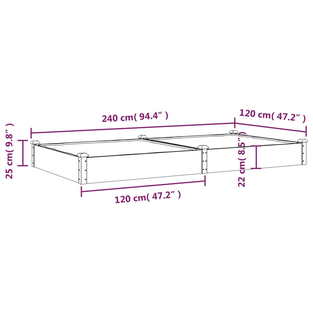 Canteiro elevado c/ forro 240x120x25 cm abeto maciço cinzento