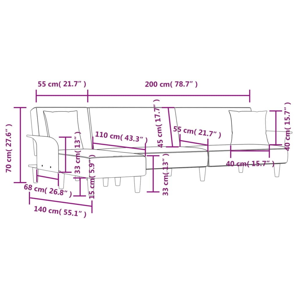 Sofá Cama Tâmara - Chaise Longue - Com 2 Almofadas Decorativas - Cor Cinza Claro - 279x140x70 cm - Estofo em Tecido que Envolve uma Espuma de Alta Densidade - Design Moderno