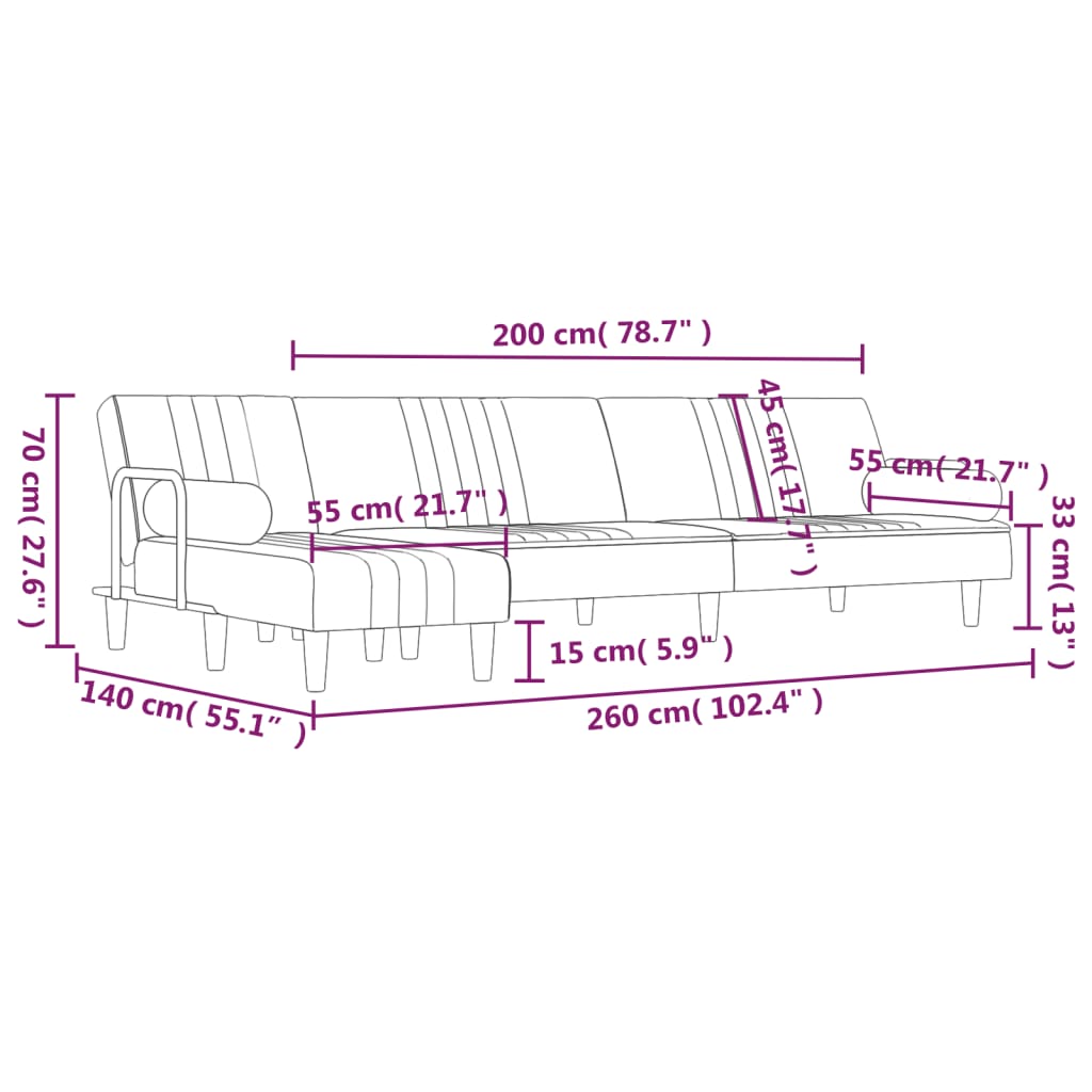 Sofá-cama Chaise Longue 260x140x70 cm veludo cinzento-escuro