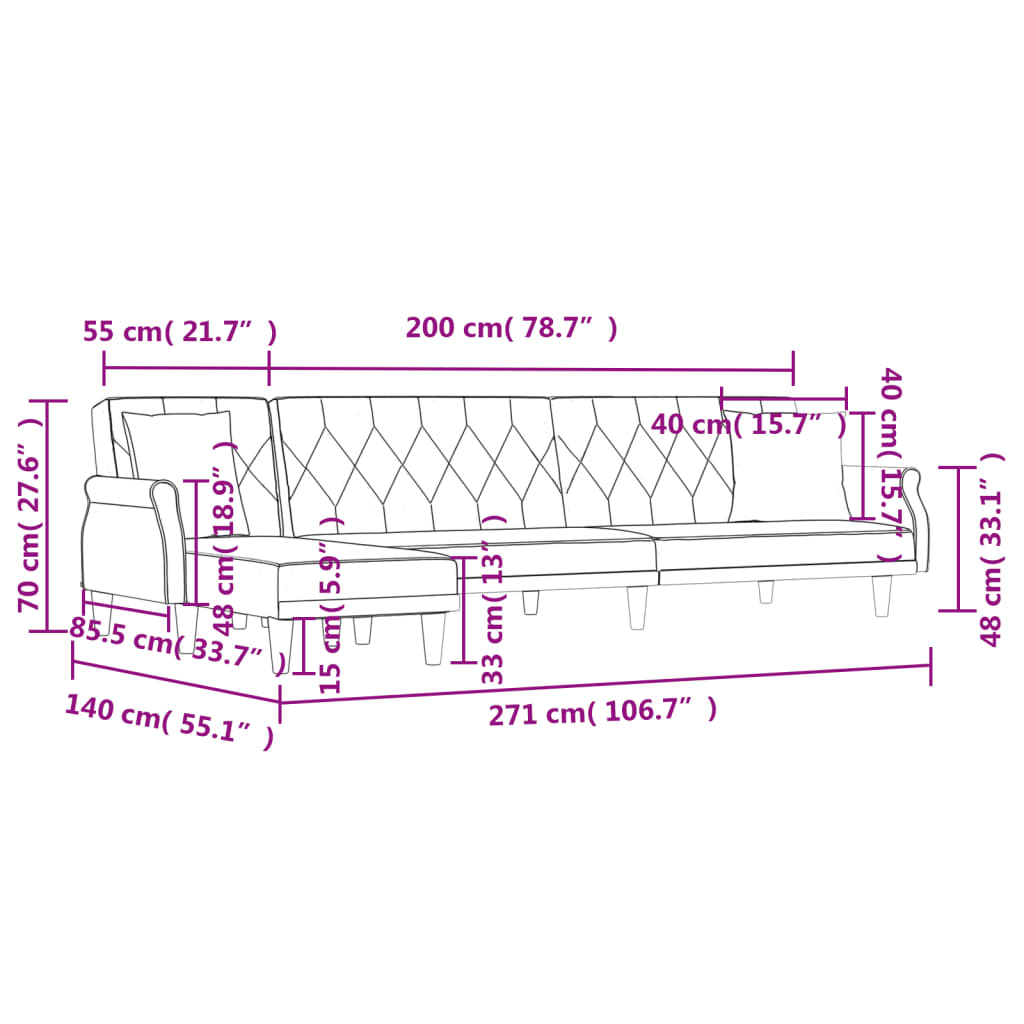 Sofá-cama em forma de L 271x140x70 cm veludo cinzento-claro