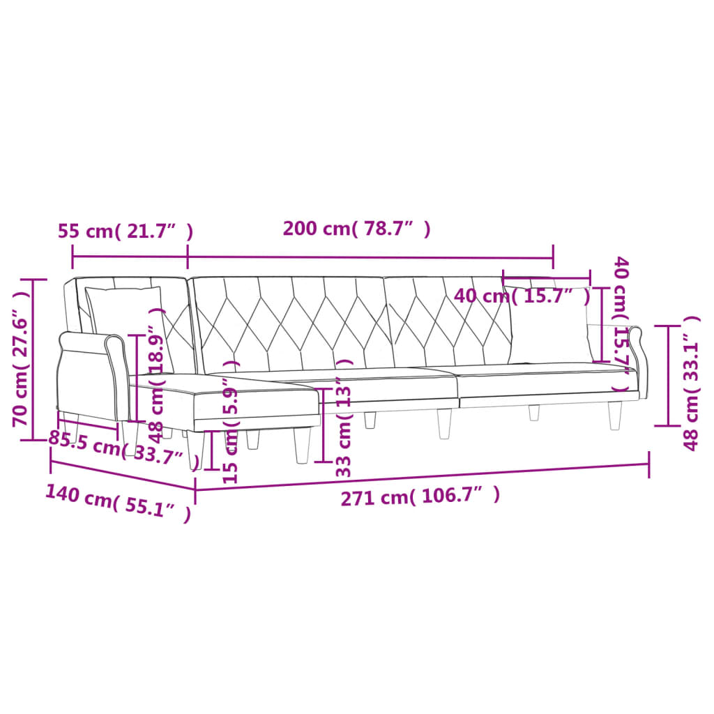 Sofá-cama Chaise Longue 271x140x70 cm veludo cinzento-escuro