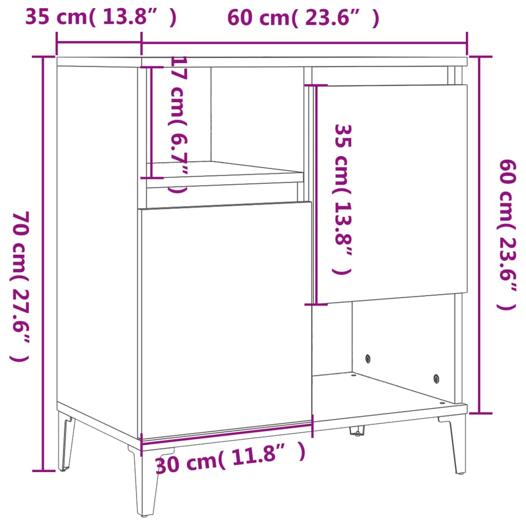 Aparadores 2 pcs 60x35x70 cm derivados madeira branco brilhante