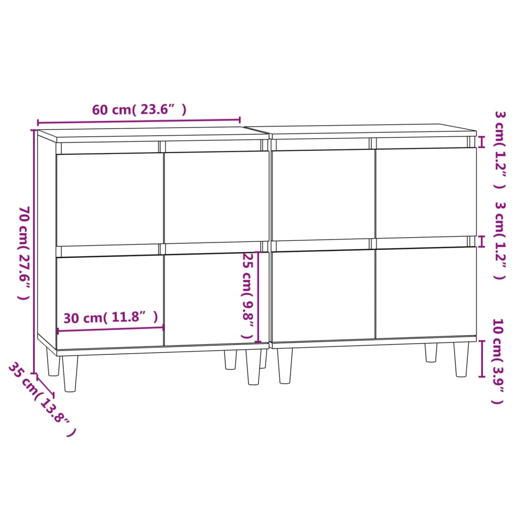 Aparadores 2 pcs 60x35x70 cm derivados madeira branco brilhante