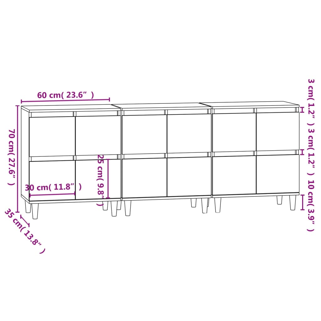 Aparadores 3 pcs 60x35x70 cm derivados de madeira branco