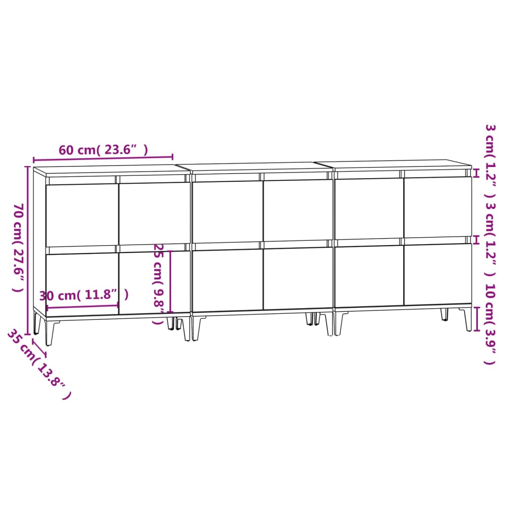 Aparadores 3 pcs 60x35x70 cm derivados de madeira cinza cimento