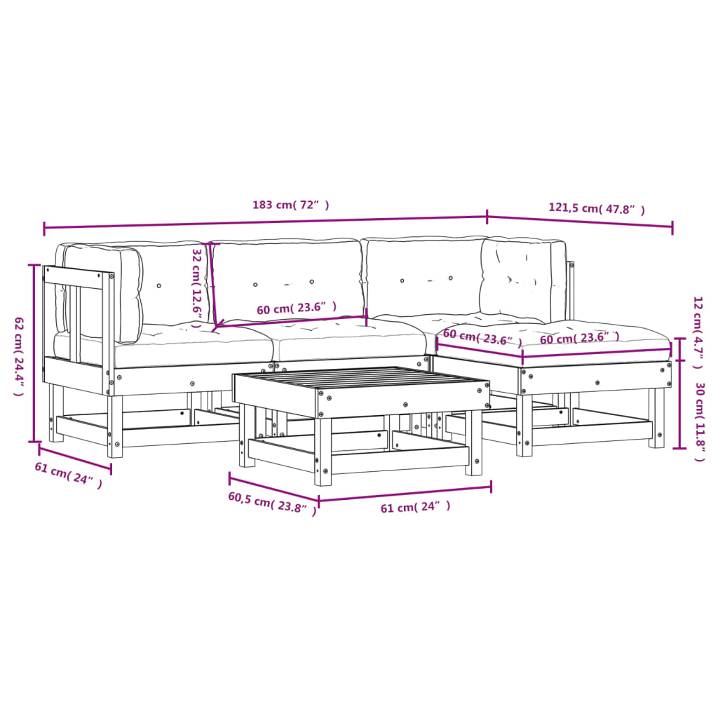 5 pcs conjunto lounge jardim com almofadões madeira maciça