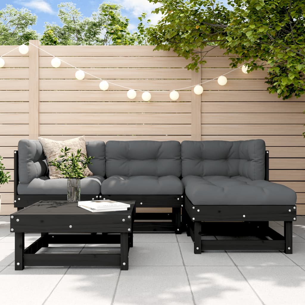 5pcs conjunto lounge jardim com almofadões madeira maciça preto