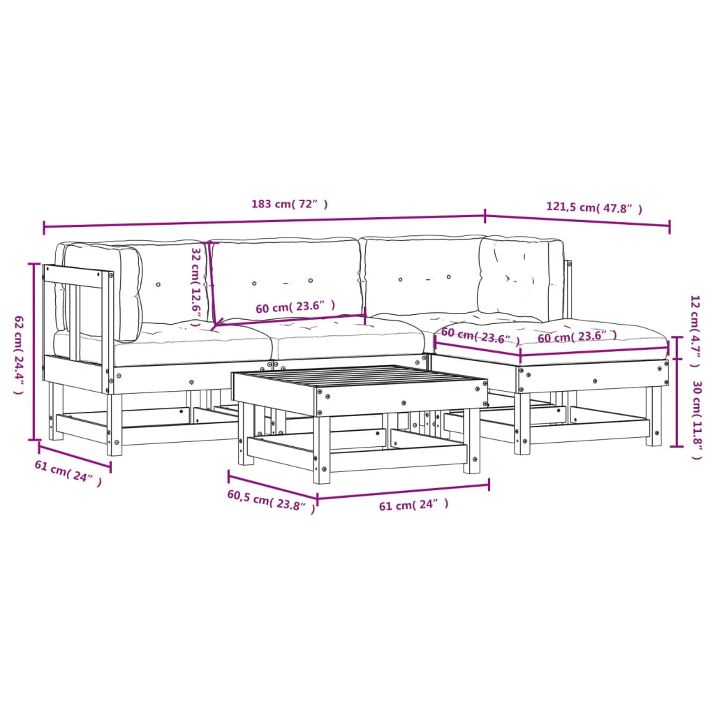 5 pcs conj. lounge jardim com almofadões madeira douglas maciça