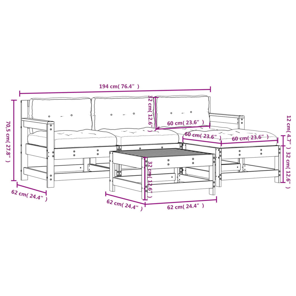 5 pcs conjunto lounge jardim com almofadões madeira maciça